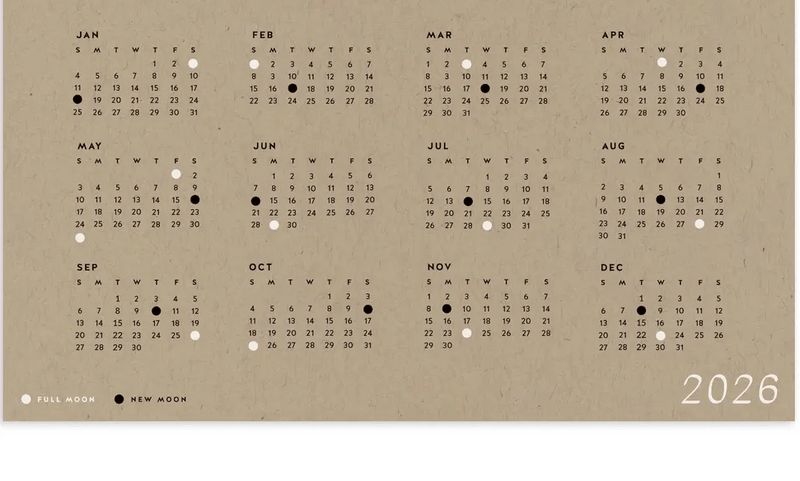 Minimalist Moon Calendar 2026 - Neutrals - Wms&Co.